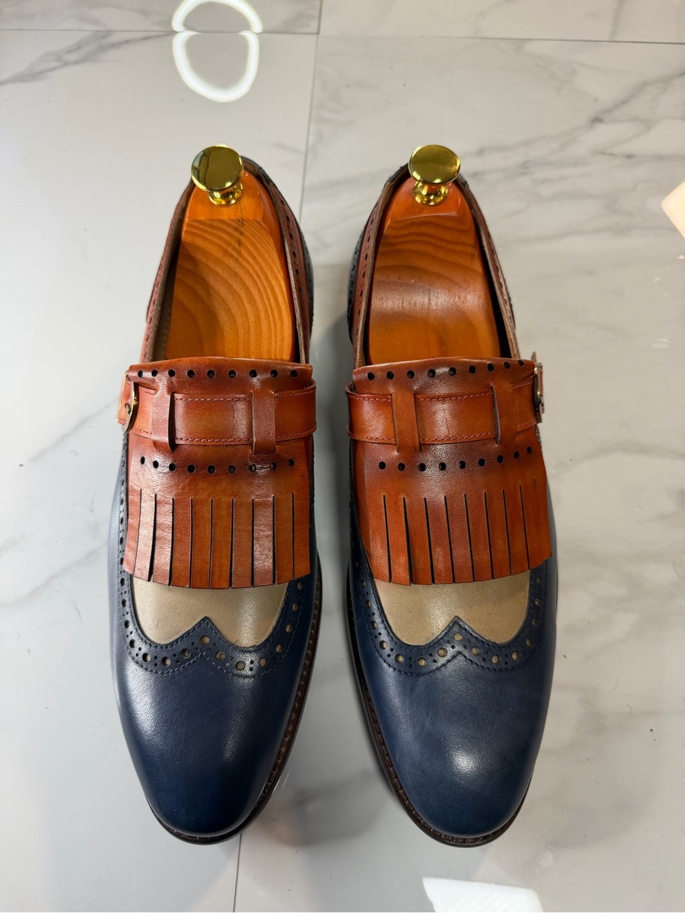 Men's Two-Tone Kiltie Tassel Loafers in Navy, Tan & Brown